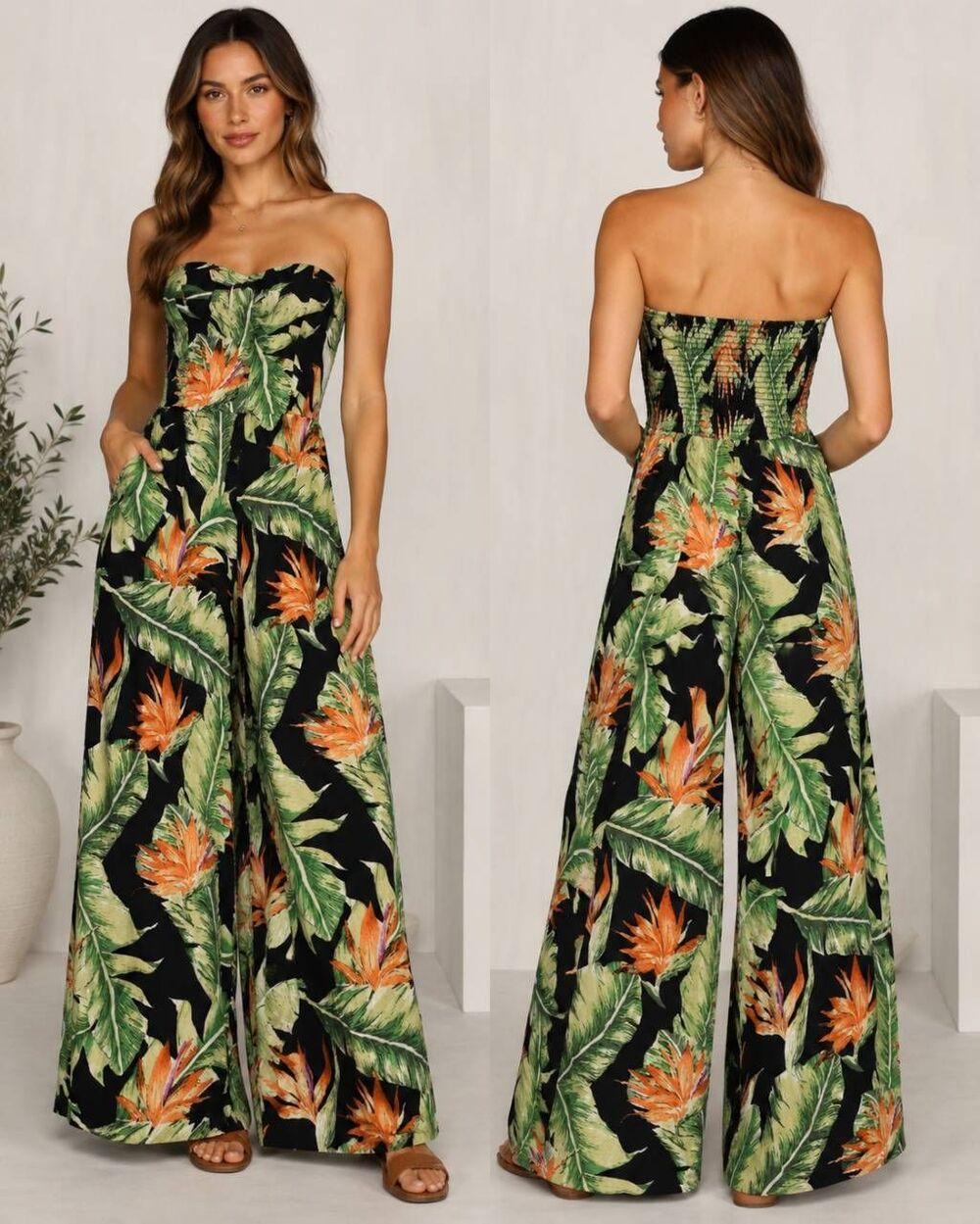 MINKPINK Tropical Strapless Wide Leg Jumpsuit Women’s Medium Black Floral Palm P